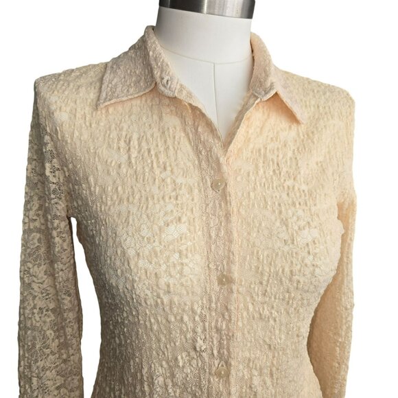 Liz Claiborne Beige Lace Button-Up Shirt Long Sleeve Womens Top Size S HS244 - Picture 2 of 7